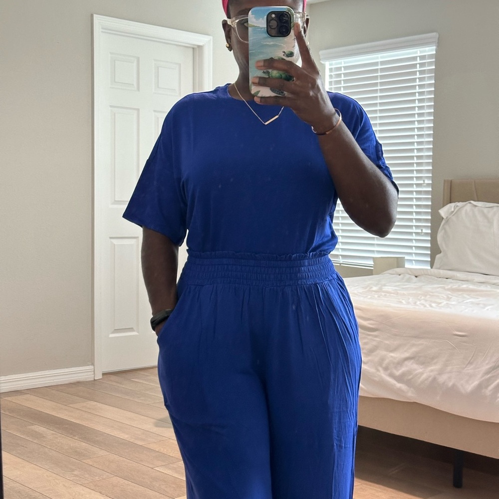 Jersey Knit Short Sleeve Pant Set w/ Pockets - Cobalt Blue